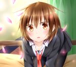  1girl black_legwear blazer brown_eyes brown_hair cherry_blossoms dani_(kamenoaru) highres kantai_collection necktie on_bed open_mouth pantyhose petals pleated_skirt school_uniform shirt short_hair skirt wakaba_(kantai_collection) 