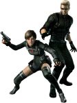  1boy 1girl albert_wesker brown_hair fingerless_gloves gloves gun looking_at_viewer official_art rebecca_chambers red_eyes resident_evil resident_evil_0 short_hair sunglasses weapon 