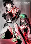  bare_shoulders black_clothes black_hair blood green_clothes green_hat hakurei_reimu hat highres hong_meiling injury long_hair nyuu_(manekin-eko) red_eyes redhead ribbon simple_background smile star touhou translation_request 