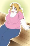  1girl artist_request blonde_hair blue_eyes breasts copyright_request cow female flat_color furry gradient gradient_background long_hair open_mouth pants sitting solo 