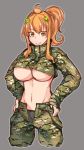  1girl ahoge blush breasts camouflage cleavage crop_top female gloves hair_ornament hands_on_hips highres large_breasts long_hair looking_at_viewer matching_hair/eyes midriff military navel orange_eyes orange_hair original smile solo under_boob utako623 