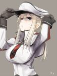  1girl adjusting_clothes adjusting_hat akino_shuu blonde_hair blue_eyes breasts capelet cross female gloves graf_zeppelin_(kantai_collection) grey_eyes hair_between_eyes hat jacket kantai_collection large_breasts long_hair necktie peaked_cap sidelocks solo twintails 