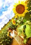  1girl blue_sky breasts brown_hair canister clouds collarbone dress dutch_angle field floral_print flower flower_field grass light_particles long_hair looking_at_viewer mahiro_(mahiroht) original path road scenery shiny shiny_hair sky solo standing summer sundress sunflower sunlight transmission_tower tree 