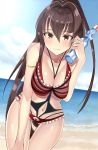  1girl beach bikini blush bottle_to_cheek breasts brown_eyes brown_hair cleavage collarbone highres kantai_collection kantai_collection_(anime) long_hair looking_at_viewer navel ocean ponytail ramune shirousa smile solo stomach swimsuit thigh_gap very_long_hair yamato_(kantai_collection) 