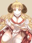  1girl anila_(granblue_fantasy) blonde_hair breasts cleavage doraf eyebrows female gloves granblue_fantasy highres horns large_breasts long_hair looking_at_viewer marionette_(excle) sheep_horns solo thigh-highs white_legwear yellow_eyes 