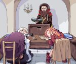  1girl 2boys 3678177 anger_vein barbastoff_(sennen_sensou_aigis) beard book chair cyrus_(sennen_sensou_aigis) facial_hair hood mehlis_(sennen_sensou_aigis) multiple_boys nose_bubble open_book open_mouth podium quill sennen_sensou_aigis sleeping white_hair 