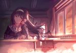  1girl ai_ai_gasa arm_rest arm_support artist_name black_hair black_serafuku blue_eyes chalkboard collarbone cupboard desk evening floating_hair hairband head_tilt heart indoors kasumigaoka_utaha lamp light_rays orange_sky red_ribbon ribbon saenai_heroine_no_sodatekata sailor_collar school school_uniform serafuku sitting sky smile solo sunlight sunset upper_body usanekorin window 