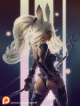  1girl animal_ears armor ass bow_(weapon) final_fantasy final_fantasy_xii fran james_strehle looking_back rabbit_ears silver_hair solo weapon 