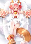  1girl absurdres animal_ears apron bell bell_collar breasts cat_hair_ornament cat_paws cleavage collar fangs fate/grand_order fate_(series) fox_ears fox_tail gloves hair_ornament highres large_breasts long_hair looking_at_viewer looking_up naked_apron open_mouth paw_gloves paw_shoes paws pink_hair shoes sll solo tail tamamo_(fate)_(all) tamamo_cat_(fate) yellow_eyes 