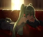  1girl anime_coloring aqua_hair backlighting bare_shoulders black_skirt couch crossed_arms curtains dark detached_sleeves domo1220 expressionless glowing green_eyes grey_shirt hair_between_eyes hatsune_miku headphones indoors jpeg_artifacts light_rays long_hair looking_at_viewer lying on_couch on_stomach pillow shirt skirt sleeveless sleeveless_shirt solo sunlight twintails very_long_hair vocaloid window 