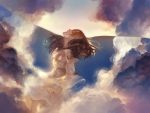  1girl absurdres air_bubble bangs bare_shoulders brown_hair closed_eyes clouds cloudy_sky dress floating floating_hair frills highres lace-trimmed_sleeves long_hair original parted_lips partially_submerged sail_mio see-through sky solo white_dress wide_sleeves 