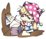  1girl american_flag_shirt blonde_hair calendar_(object) closed_eyes clownpiece commentary_request hat jester_cap lowres ori_(yellow_duckling) paper pencil solo tired touhou 
