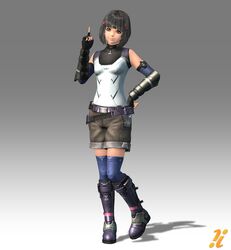  1girl armor belt black_eyes black_hair boots fingerless_gloves gloves hair_ornament hairclip hairpin hand_on_hip huge_filesize lynlee_kuu nintendo official_art shorts solo thigh-highs xenoblade_chronicles_x 