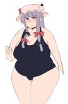  1girl bare_shoulders blush bow breasts cleavage cowboy_shot fat hair_bow hat highres huge_breasts long_hair looking_at_viewer mob_cap nengorogoro obese one-piece_swimsuit patchouli_knowledge purple_hair rolling_eyes solo sweat swimsuit touhou violet_eyes 