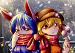  2girls animal_ears blonde_hair blue_hair blush bow covering_mouth dango dior-zi ear_clip flat_cap food grey_background hat highres lock long_hair long_sleeves looking_at_viewer multiple_girls open_mouth orange_shirt plaid plaid_scarf rabbit_ears railing red_eyes ribbed_sweater ringo_(touhou) scarf seiran_(touhou) shared_scarf shirt skewer snowflakes snowing sweater touhou tree upper_body wagashi 
