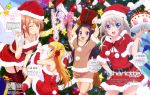  4girls :d absurdres animal_costume animal_ears antlers blonde_hair blue_eyes blush box breasts cake character_name charlotte_(anime) christmas christmas_tree cleavage copyright_name dress fake_animal_ears food garter_straps gift gift_box hair_ornament hairband hairclip hand_on_own_thigh hat highres long_hair medoki_(charlotte) merry_christmas midriff multiple_girls nishimori_yusa official_art one_eye_closed open_mouth orange_hair otosaka_ayumi over_shoulder reindeer_antlers reindeer_costume sack sako_souichirou santa_costume santa_hat short_hair shorts silver_hair skirt smile tomori_nao wink 