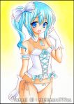  1girl :d arm_garter artist_name bare_shoulders blue_eyes blue_hair blush bow gloves hair_bow hair_ornament hairclip looking_at_viewer marker_(medium) nightmare77zx open_mouth original panties short_hair side-tie_panties side_ponytail smile solo traditional_media underwear white_gloves white_panties 