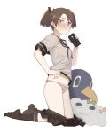  1girl blush brown_hair cellphone failure_penguin iphone kantai_collection kneeling miss_cloud ningen_(ningen96) panties phone ponytail school_uniform serafuku shikinami_(kantai_collection) skirt smartphone socks underwear 