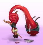  1girl ajna_(indivisible) axe barretxiii dark_skin gradient gradient_background indivisible monster peril sandals simple_background slime tongue upside-down very_long_tongue weapon 