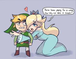  1boy 1girl blonde_hair blue_eyes crown dress earrings hair_over_one_eye hetero jewelry link long_hair nintendo rosetta_(mario) super_mario_bros. super_mario_galaxy super_smash_bros. the_legend_of_zelda toon_link 