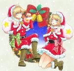  1boy 1girl :o ahoge bangs beads bell belt blue_eyes blush boots bow brown_boots dress fire flame green_bow hair_ornament hairclip hand_on_hip hat holding_bag holding_lantern kagamine_len kagamine_rin knee_boots lantern leaf long_sleeves modoromi open_mouth over_shoulder pink_bow red_dress sack santa_costume santa_hat short_hair smile star swept_bangs vocaloid wreath 