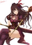  1girl :3 absurdres breasts brown_hair choker cleavage feathers gloves granblue_fantasy granblue_fantasy_(style) green_eyes hair_feathers hair_ribbon highres ichinose_shiki idolmaster idolmaster_cinderella_girls ribbon skirt solo staff sword thigh-highs vial weapon yatsuka_(846) 