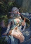  1girl arm_support breasts cleavage dragon elf fangs fingernails forest gloves highres leaf licking lips long_hair long_pointy_ears mushroom nature navel one_eye_closed open_mouth pale_skin pointy_ears see-through sidelocks sitting smile solo tree white_hair y.c yellow_eyes 