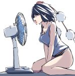  1girl :o alternate_costume black_hair black_panties blush breasts camisole cleavage electric_fan fan_speaking flat_gaze hat jitome kamukamu_(ars) open_mouth panties pointy_ears pom_pom_(clothes) red_eyes shameimaru_aya short_hair sitting solo tank_top tokin_hat touhou underwear underwear_only wariza 