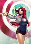  1girl america_chavez avengers cropped_jacket earrings hood hoodie hoop_earrings jacket jewelry marvel mr.bunny parted_lips pointing short_shorts shorts solo star 