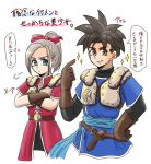  1boy 1girl armor belt black_hair breasts brown_eyes character_request coat dragon_quest dragon_quest_heroes gloves green_eyes grey_hair long_hair meer_(dqh) open_mouth ponytail ribbon rikono short_hair shoulder_pads skirt sparkle 