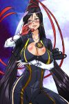  1girl bayonetta bayonetta_(character) breasts candy cleavage elbow_gloves glasses gloves large_breasts long_hair moon violet_eyes 