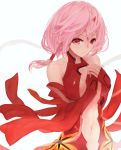  1girl bare_shoulders breasts center_opening cleavage detached_sleeves elbow_gloves fingerless_gloves gloves guilty_crown hair_ornament hairclip hands_on_own_chest highres kisei2 long_hair looking_at_viewer navel pink_hair red_eyes smile solo twintails yuzuriha_inori 