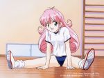  1996 1girl 90s arm_support blue_eyes buruma copyright_name dated gym_shirt gym_uniform indoors long_hair looking_at_viewer megami_paradise nec official_art open_mouth pink_hair rurubell shirt sitting solo spread_legs 