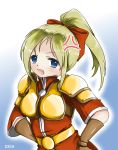  1girl armor belt blonde_hair blue_eyes blush breasts coat dragon_quest dragon_quest_heroes gloves long_hair meer_(dqh) open_mouth ponytail ribbon shoulder_pads 