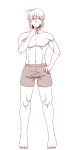  1boy amazon_(taitaitaira) boxers collarbone finger_to_chin flat_gaze hand_on_hip highres legs looking_to_the_side male_focus monochrome morichika_rinnosuke muscle navel short_hair solo sweatdrop toes touhou underwear underwear_only 
