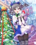  1girl artist_request blush capelet christmas christmas_tree drill_hair elbow_gloves gloves idolmaster idolmaster_cinderella_girls kanzaki_ranko official_art pantyhose red_eyes show silver_hair snow solo thigh-highs twin_drills twintails winter winter_clothes 