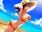  1girl :d arkray armpits arms_up bare_shoulders beach bikini black_hair breasts cleavage collarbone female floating_hair flower frilled_bikini frills from_side hat hat_flower horizon large_breasts looking_at_viewer ocean open_mouth orange_bikini original red_eyes sand shore side-tie_bikini smile solo standing straw_hat sunflower sunlight swimsuit water wind 