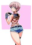  1girl ass bald belt blue_eyes blush brown_hair denim denim_shorts female fingerless_gloves gloves highres looking_at_viewer looking_back rebecca_chambers resident_evil resident_evil_0 short_hair short_shorts shorts simple_background surprised toned tsuki_wani very_short_hair wide_hips 