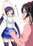  &gt;_&lt; 2girls arms_up black_hair blush breasts bursting_breasts cleavage closed_eyes drooling large_breasts long_hair love_live!_school_idol_project multiple_girls open_mouth popped_button purple_hair red_eyes school_uniform shin&#039;ya_(shin&#039;yanchi) stretch toujou_nozomi twintails yazawa_nico 