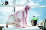  1girl asian bare_legs barefoot clouds cosplay fur k_(anime) long_hair neko_(k) photo pink_hair sky solo sweater table very_long_hair 