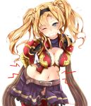  1girl armor belt blonde_hair blue_eyes blush breasts cleavage clenched_teeth granblue_fantasy hairband kanna_(horntp) leaning_forward long_hair navel pain skirt solo sweatdrop tears teeth thigh-highs twintails twitter_username wince zeta_(granblue_fantasy) 