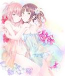  2girls :o ass babydoll bangs bare_arms bare_legs bare_shoulders blue_dress blunt_bangs blush breasts brown_eyes brown_hair butt_crack camisole cleavage collarbone dress floral_background flower hair_flower hair_ornament highres hug looking_at_viewer midriff multiple_girls navel original panties parted_lips pink_eyes pink_hair pink_panties ponytail scrunchie see-through shichouson short_hair side-tie_panties side_ponytail sidelocks smile spaghetti_strap stomach underwear underwear_only white_panties yuri 