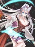  1girl animal_ears blue_eyes breasts cleavage detached_sleeves erun_(granblue_fantasy) fan female fur_trim granblue_fantasy highres large_breasts long_hair looking_at_viewer marionette_(excle) parted_lips silver_hair smile socie_(granblue_fantasy) solo tail very_long_hair wolf_ears 