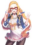  1girl adjusting_glasses blonde_hair bow braid chains contrapposto cowboy_shot dress glasses jacket long_hair looking_at_viewer low_twintails open_mouth pantyhose red-framed_glasses solo transparent_background twintails very_long_hair waving xxinainaxx yellow_eyes 