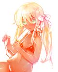  1girl bikini blonde_hair blush bow dark_skin flat_chest green_eyes hair_bow kyra looking_to_the_side navel pinky_out popsicle saliva saliva_trail sweat swimsuit twintails 