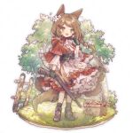  1girl animal_ear_fluff animal_ears apron basket black_gloves boots braid brown_eyes brown_footwear brown_hair capelet dress flower full_body gloves gun hair_flower hair_ornament hairclip little_red_riding_hood long_hair neoki_ohae open_mouth original outdoors red_capelet red_dress rifle smile solo tail tree twin_braids twintails waist_apron weapon weapon_request wolf_ears wolf_girl wolf_tail 