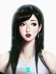  1girl black_hair earrings face final_fantasy final_fantasy_vii jewelry lipstick looking_to_the_side makeup open_mouth paul_kwon sleeveless solo suspenders tank_top teeth tifa_lockhart upper_body 