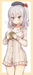  1girl :o beret blush bottomless bow buttons collarbone cup gluteal_fold hat hat_bow highres holding holding_cup jacket kantai_collection kashima_(kantai_collection) long_sleeves nonono_(basasi21) nonono_(mino) parted_lips short_hair silver_hair simple_background solo standing thigh_gap tsurime two_side_up vertical_stripes white_background yellow_border 
