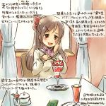  1girl alternate_costume brown_eyes brown_hair commentary_request curtains dated food hair_ribbon hand_on_own_cheek holding holding_spoon kantai_collection kirisawa_juuzou long_hair long_sleeves mamiya_(kantai_collection) red_ribbon ribbon sitting spoon traditional_media translation_request twitter_username 