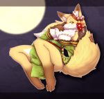  1girl artist_request fox furry gold_eyes japanese_clothes moon night solo 